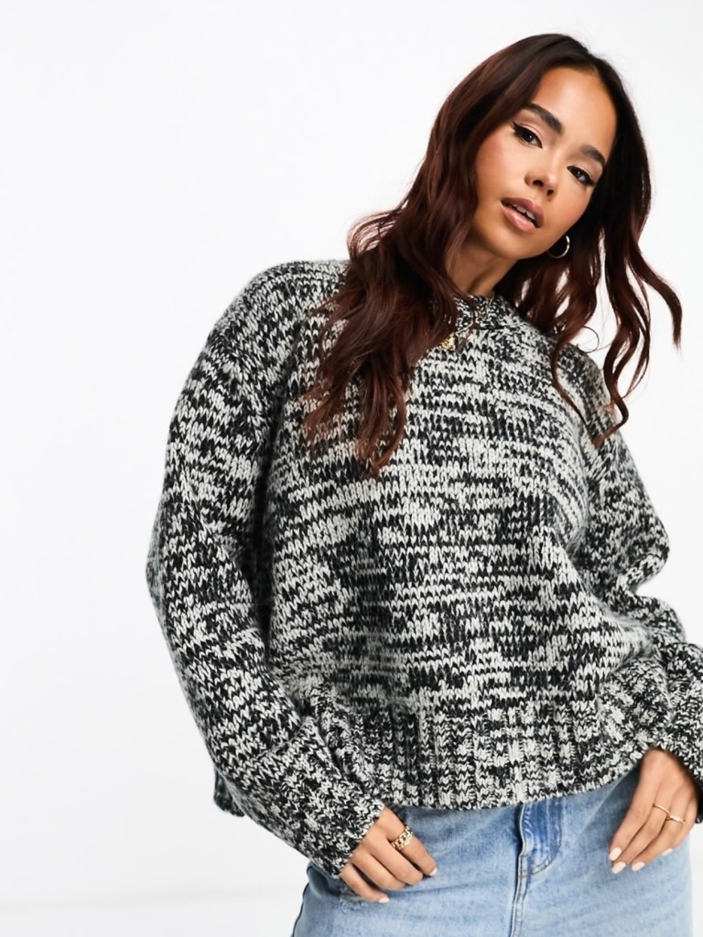 ASOS DESIGN oversized jumper with crew neck and side splits in grey marled